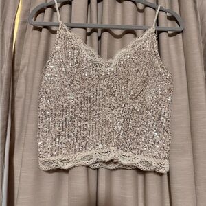 Buckle Beige Sequin Lace Crop Top